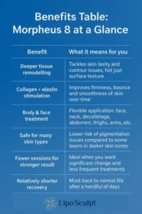 How Often Can I have Morpheus 8? 3 Table showing the benefits of Morpheus 8 treatment from Lipo Sculpt Wrexham